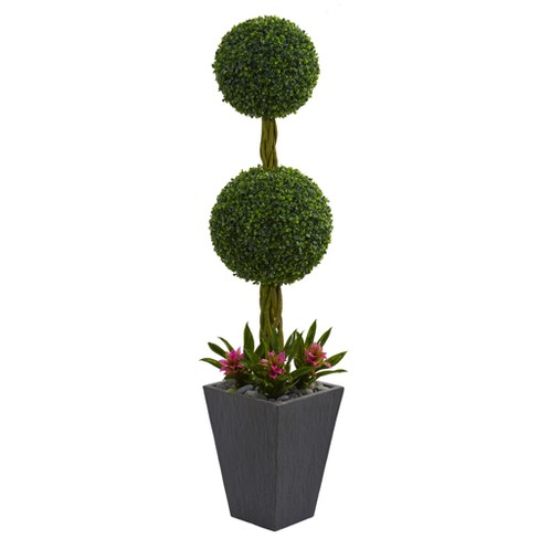 5ft Double Boxwood Ball Topiary Artificial Tree In Slate Planter