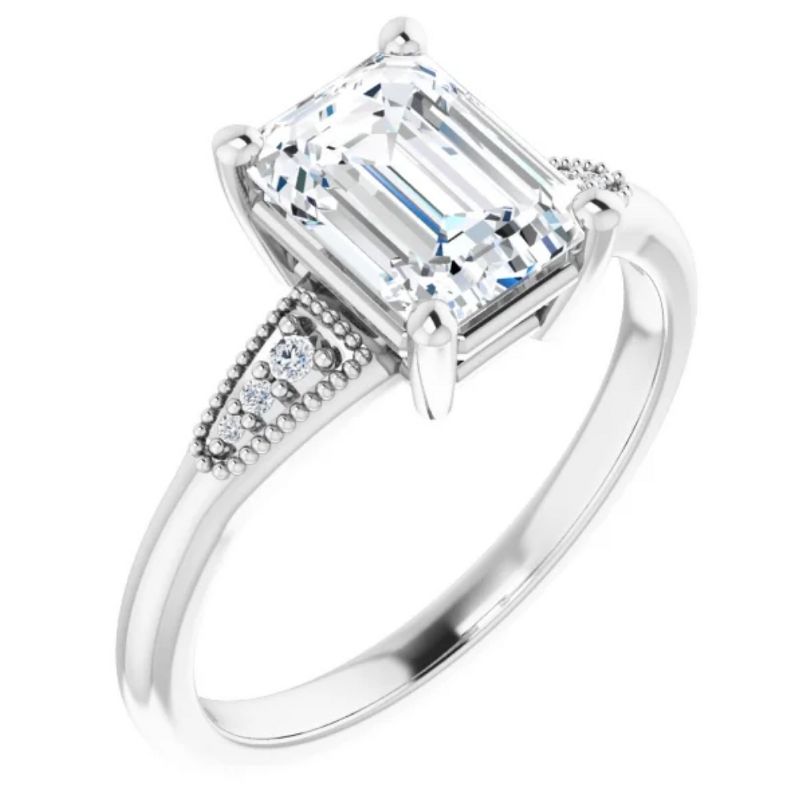 Pompeii3 1 3/4Ct Diamond & Emerald Cut Moissanite Vintage Engagement Ring White Gold, 3 of 6