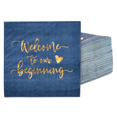 Sparkle and Bash 100 Pack Navy Blue Wedding Cocktail Napkins for Reception, Welcome to our Beginning, 5 x 5 In