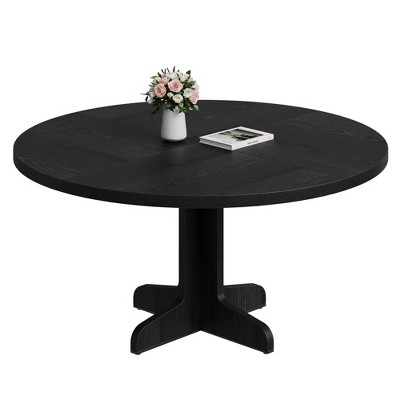 Homhougo Round Dining Table for 4, 47 Inch Farmhouse Kitchen Table with Wood Tabletop and Stable Base, Circle Dinning Room Table Black