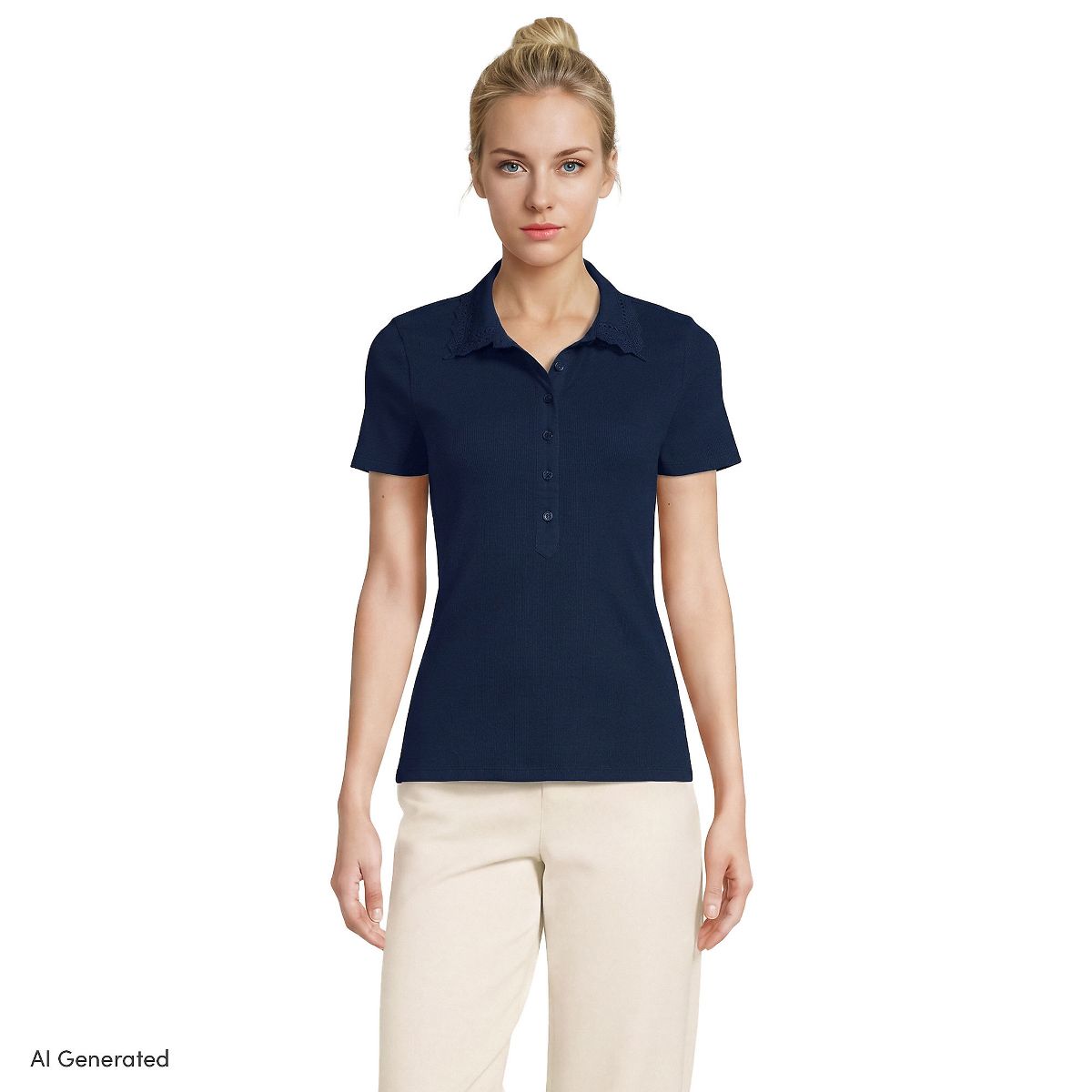 Lands' End Women's Short Sleeve Micro Rib Woven Collar Polo - thumbnail 9