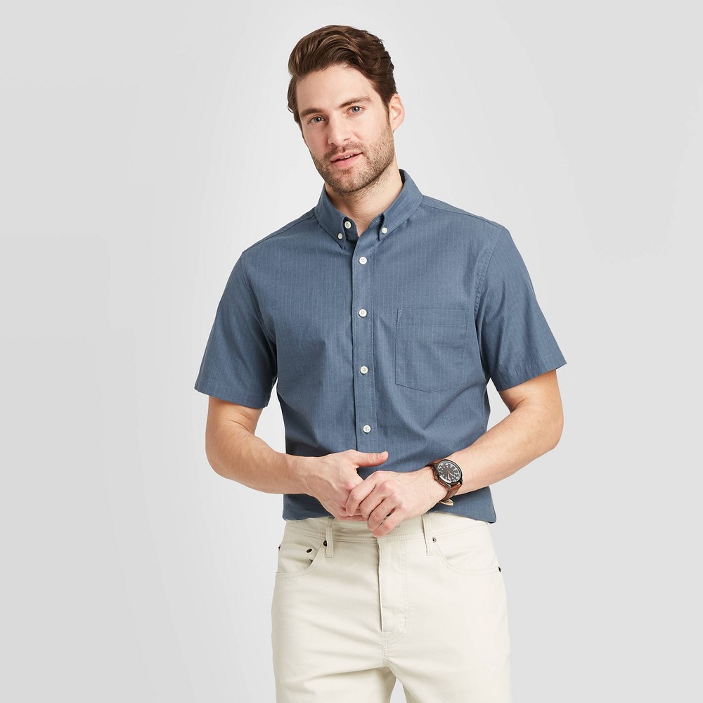 Men's Striped Slim Fit Short Sleeve Poplin Button-Down Shirt - Goodfellow & Co Deep Sea Blue M, Deep Blue Blue was $19.99 now $12.0 (40.0% off)