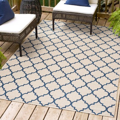 Beige and Navy Synthetic Trellis 4' x 6' Reversible Rug