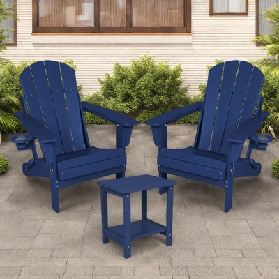 FURNIinspire Patio Seating Sets Folding Adirondack Chairs With Side Table, 3-Piece Rocking Chairs Set With Wood Texture, Blue, 30“*28”*35“