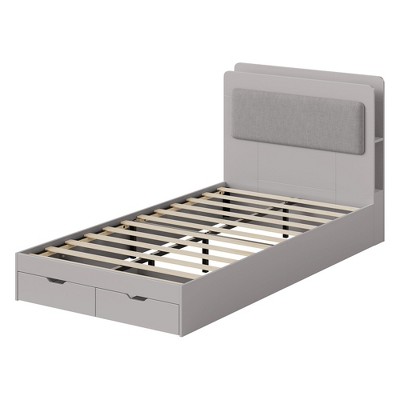 Twin Size Bed Frame with 2-Tier Storage Headboard, Underbed Drawers, Upholstered Headboard, Wooden Platform with Slat Support, No Box Spring Required