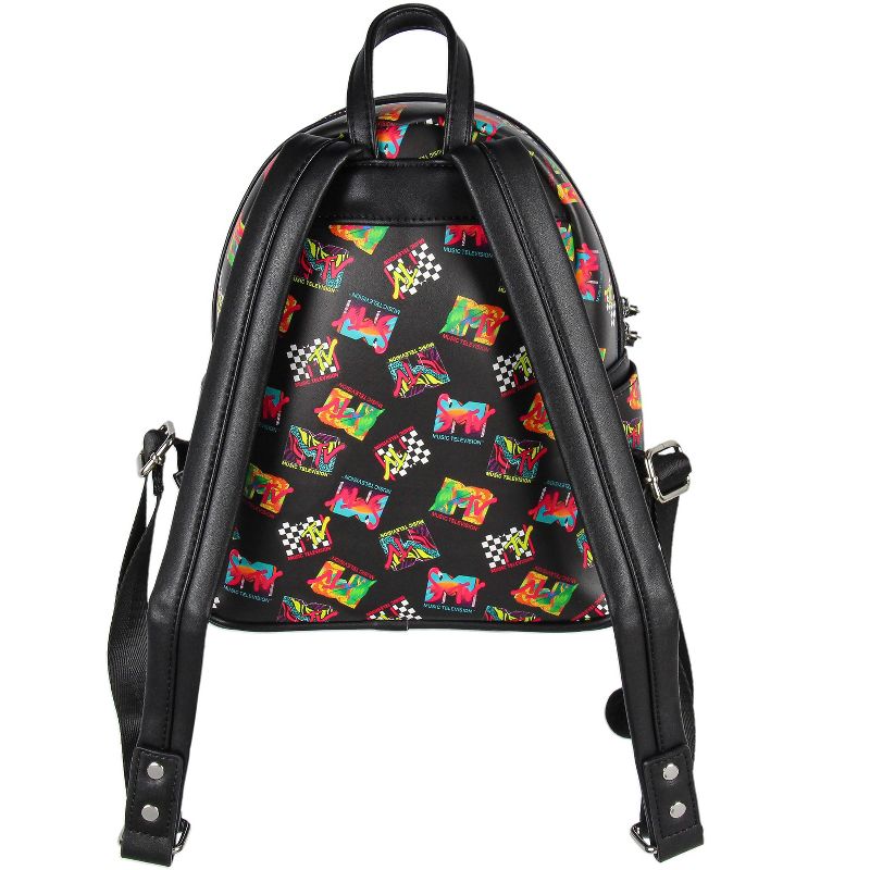 MTV Music Television '80s Logo Tossed Print Zippered Mini Small Backpack Bag Black, 4 of 8