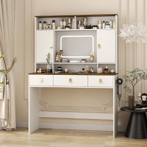 KTMBDW Farmhouse Dressing Table Makeup Table with Lighted Mirror and Makeup Drawer, Large Dressing Table Set with Hair Dryer Holder for Bedroom,White - 1 of 4