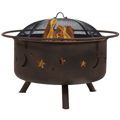 Sunnydaze Outdoor Camping or Backyard Round Cosmic Stars and Moons Fire Pit with Cooking Grill Grate, Spark Screen, and Log Poker - 30"