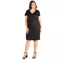 24seven Comfort Apparel Women's Plus Short Sleeve Faux Wrap Dress-Black-2X