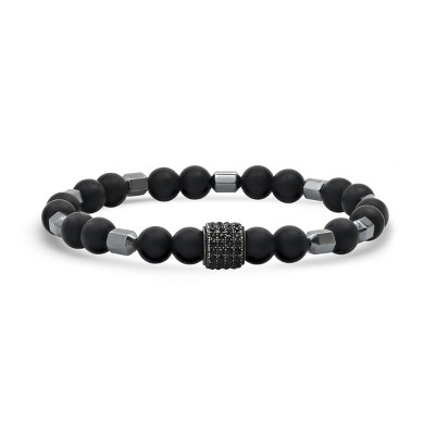 Steeltime Men's black lava, hematite and black ip stainless steel/black crystals charm beaded bracelet. Color Option: Black, White
