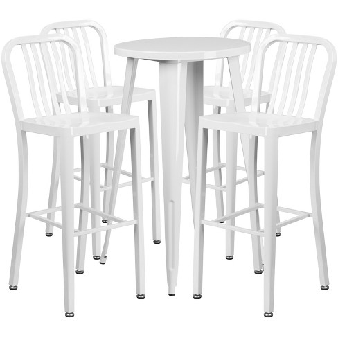 Flash Furniture 24 Round White Metal Indoor-Outdoor Bar Table Set with 2 Vertical Slat Back Stools 