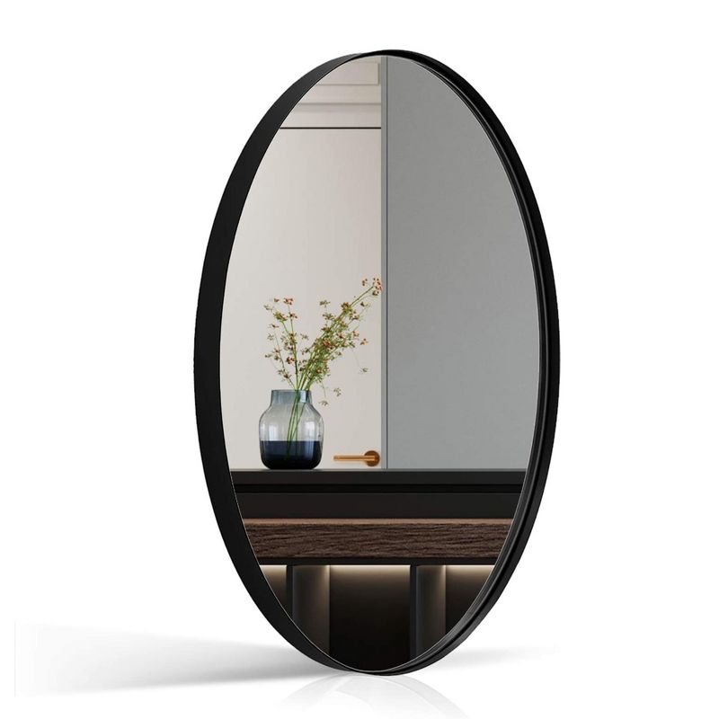 ANDY STAR Modern Decorative 24 x 36 Inch Oval Wall Mounted Hanging Bathroom Vanity Mirror with Stainless Steel Metal Frame, Matte Black, 1 of 7