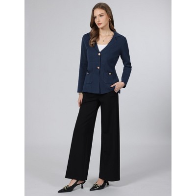 INSPIRE CHIC Women's Notched Lapel Long Sleeve Button Down Business Casual Knit Blazer with pockets Medium Navy Blue — фото 3