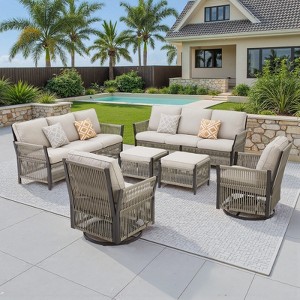 Buenhomino 6-Piece Outdoor Resin Wicker Set – 2 Sofas, 2 Swivel Chairs & 2 Ottomans with UV-Resistant Cushions & Steel Frame - 1 of 4