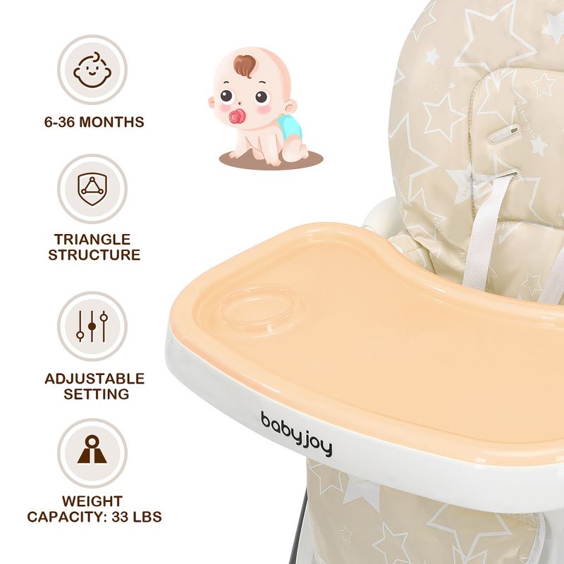 Babyjoy Folding High Chair Baby Dining Chair with 6-Level Height Adjustment Pink/Beige/Gray, 3 of 10