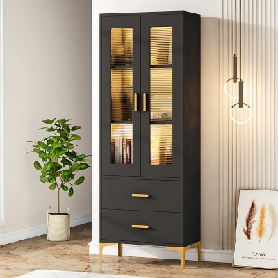 Hommoo Freestanding Storage Cabinet with LED Light, Doors & 2 Drawers