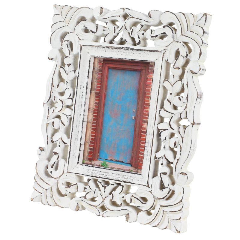 Mango Wood Scroll Handmade Intricate Traditional Carved 1 Slot Photo Frame White - Olivia & May, 1 of 7