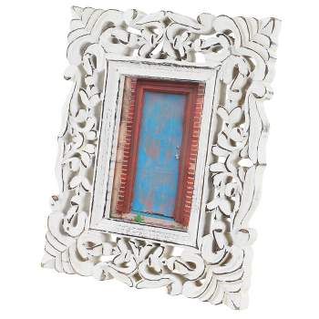 Mango Wood Scroll Handmade Intricate Traditional Carved 1 Slot Photo Frame White - Olivia & May