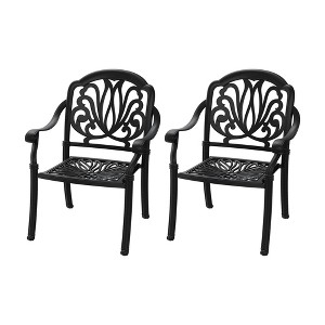 Gulches Set of 2 Cast Aluminum Patio Dining Chairs - Black Frame + Brown Cushions, Weather/UV Resistant, Stackable, Carved Design - 1 of 4