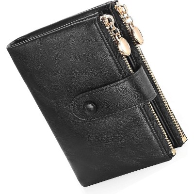 BEAFUP Small Wallets for Women,Leather RFID Blocking Bifold Double Zipper Pockets Wallet Card Case Purse with 2 ID Windows