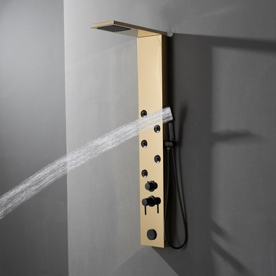 Gold Brushed 4-Jet Rainfall Shower Panel System with Handheld Wand