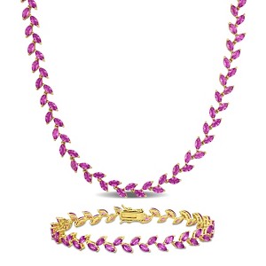 EVERLY JEWELRY | Yellow Plated Sterling Silver 41 1/2ct TGW Created Pink Sapphire Leaf Necklace and Bracelet - 1 of 4
