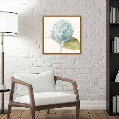 Blue Hydrangea Floral Canvas Print with Maple Frame