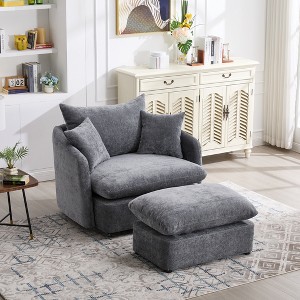 ModernLuxe Oversized Swivel Accent Chair with Ottoman, 360° Rotation Wide Seat Chenille Chair with 3 Pillows for Living Room - 1 of 4