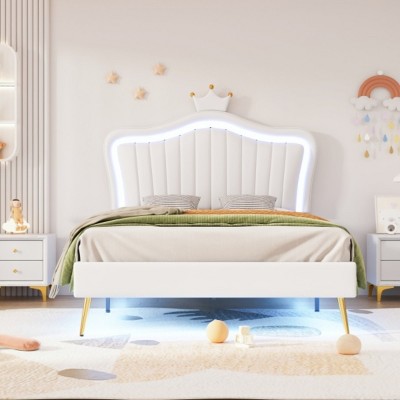 PU Upholstered Princess Bed with Crown Headboard and LED Lights, Adjustable Height Platform Bed for Kids Bedroom-Baofuwish