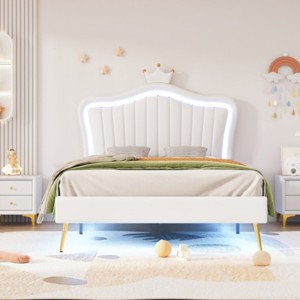PU Upholstered Princess Bed with Crown Headboard and LED Lights, Adjustable Height Platform Bed for Kids Bedroom-Baofuwish - 1 of 4
