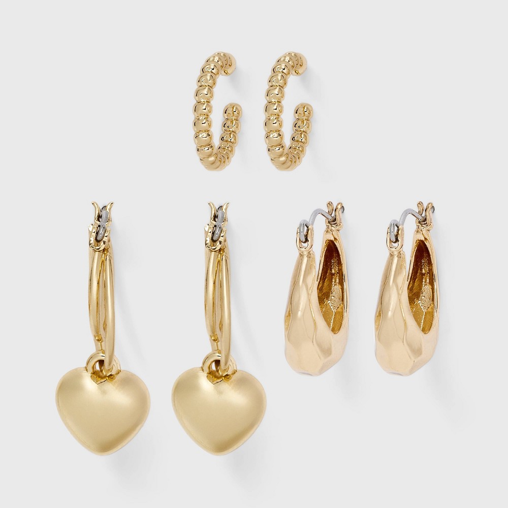 Photos - Earrings Floating Heart Drop Hoop Earring Set 3pc - Wild Fable™ Gold