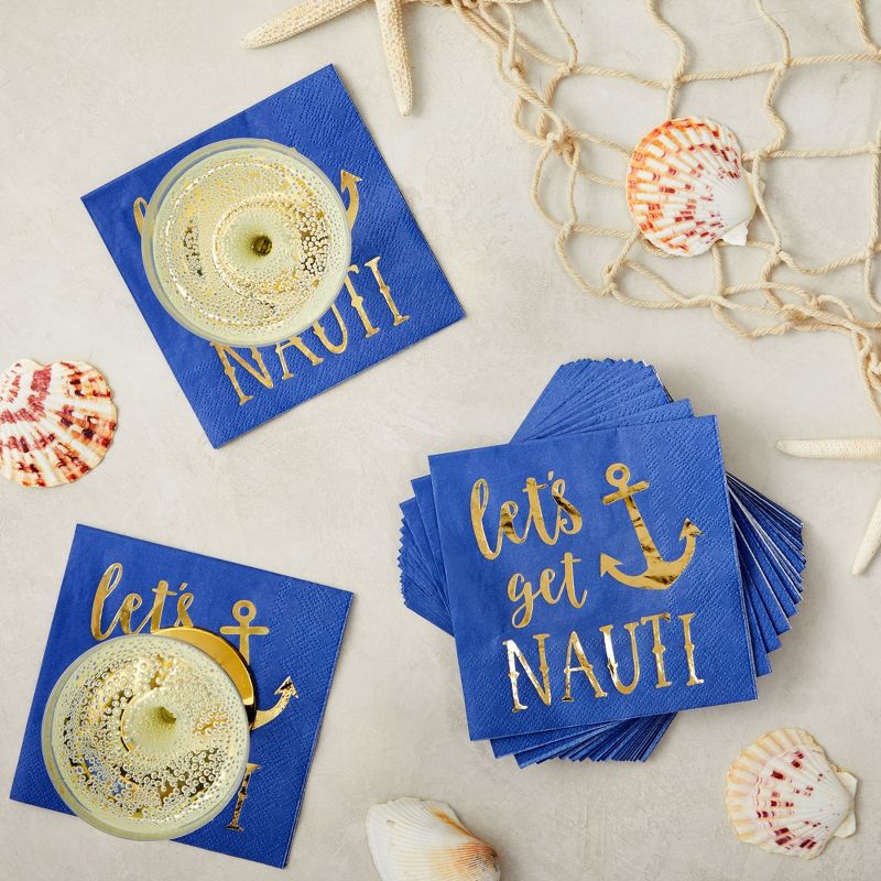 Blue Panda 50 Pack Nauti Bachelorette Disposable Napkins for Bridal Shower, Blue with Gold Foil Accents, 5x5 In, 2 of 6