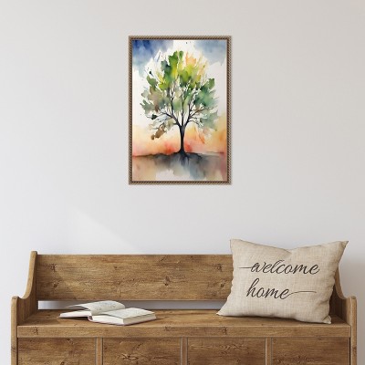 Abstract Green Tree Watercolor Canvas Art in Ornate Frame
