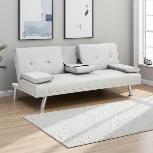 55" PVC Sofa Bed with Armrests, Wood Frame & Cup Holders - 1 of 4