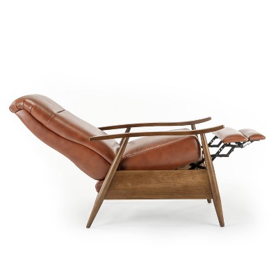 Caramel Mid-Century Modern Faux Leather Recliner with Wooden Arms