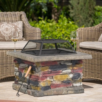 Coolbibila 28" Square Outdoor Concrete Wood Burning Fire Pit Table with Lid,Patio Fireplace Wood Burning Outdoor Garden,Backyard Fire Bowl