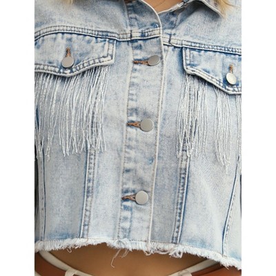 INSPIRE CHIC Women's Fringe Long Sleeve Frayed Hem Crop Denim Jacket Light Blue Medium — фото 5