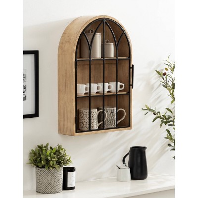 Natural Wood and Black Arched Wall Cabinet with Metal Door
