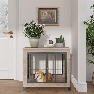 Acekool Rustic Dog Crate Side Table - Functional Pet Furniture with Wheels