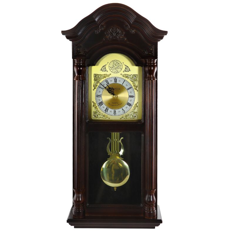 Bedford Clock Collection 25.5 Inch Antique Mahogany Cherry Oak Chiming Wall Clock with Roman Numerals, 2 of 6