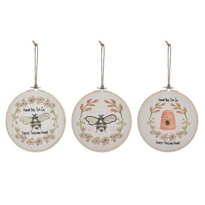VIP Fabric 8.5 in. White Honey Bee Tea Hoop Decor 3 Assorted