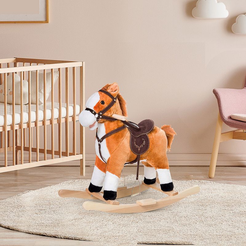 Qaba Kids Plush Toy Rocking Horse Ride on with Realistic Sounds -  Brown, 3 of 9