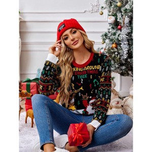 Coolmee Women's Funny Sweaters Crew Neck Reindeer Christmas Tree Santa Clause Jacquard Long Sleeve Button Knit Festival Sweaters XL Black - 1 of 4