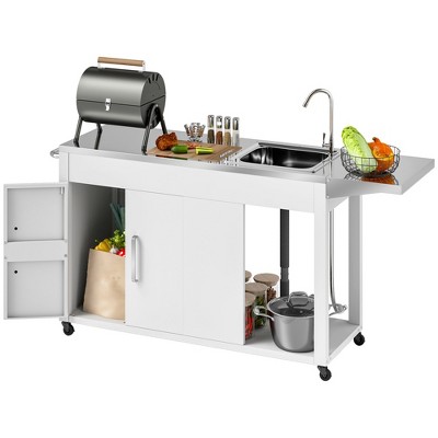 Outsunny Outdoor Grill Table with Stainless Steel Sink and Drainage, Grill Cart with Foldable Side Table, Cabinet, Wheel