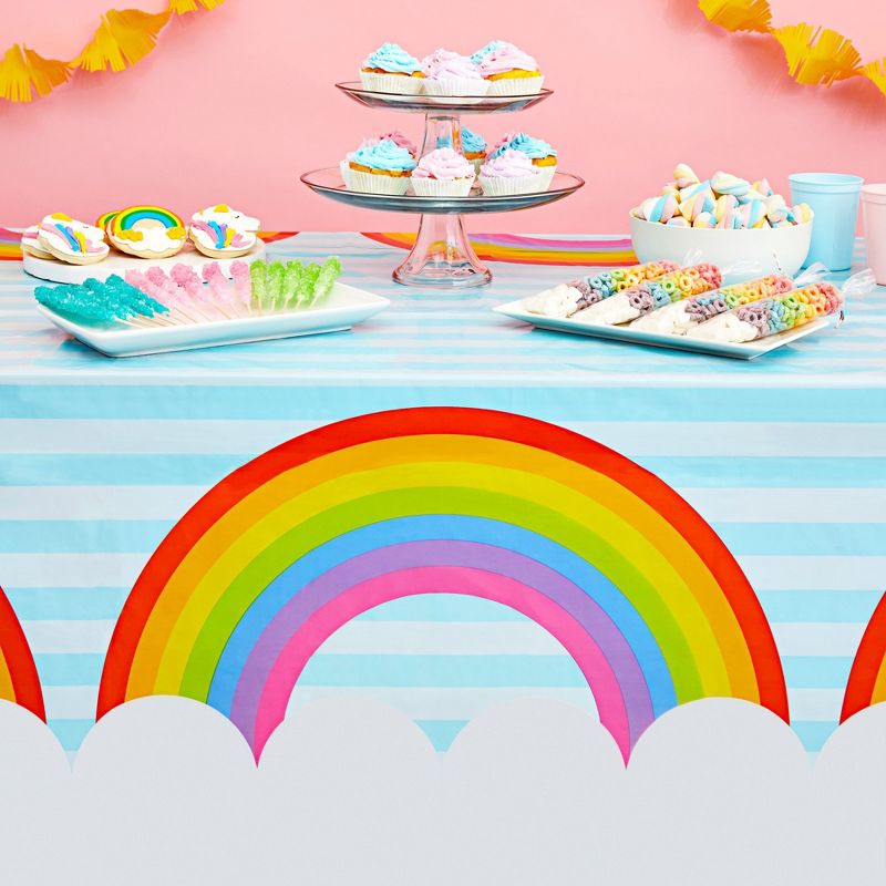 Juvale 3 Pack Rainbow Tablecloth for Party, Pastel Table Covers for Cloud Birthday Decorations for Girls, 54 x 108 In, 3 of 8
