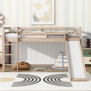 Okak Twin Loft Bed with Slide & Ladder,Rubberwood Bunk Beds Twin with Safety Rails & Play Space Under Bed,Low Loft Bed for Kids - 1 of 4