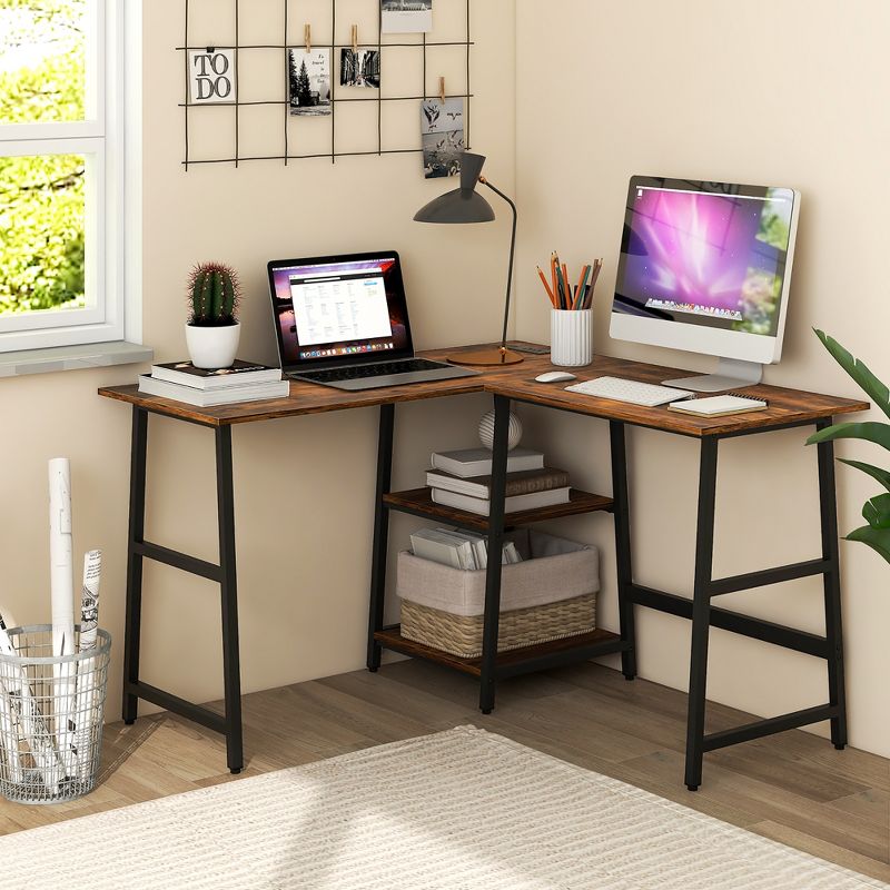 Costway L Shaped Corner Computer Desk Study Table w/Storage Shelves Black/Rustic Brown, 2 of 14