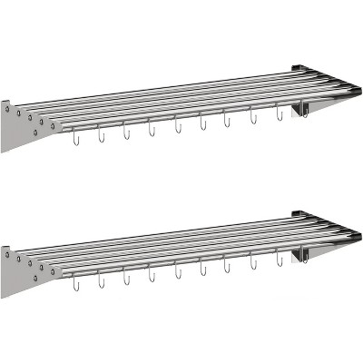 2 Pack Metal Kitchen Rack , 12" x 36" Stainless Steel Wall mount Shelf with 10 S Hooks for Hanging Pots, Pans, Cookware in Home and Restaurant