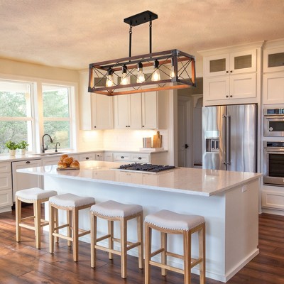 Vynxaria 32" Red Wood Industrial Farmhouse Rectangle Pendant Light  5-Light Chandelier for Dining Room