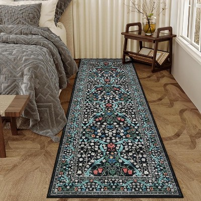 2x6 Black Farmhouse Floral Runner Rug, Washable Thin Low Pile Carpet, Non-Slip Non-Shedding Hallway or Kitchen Floor Mat